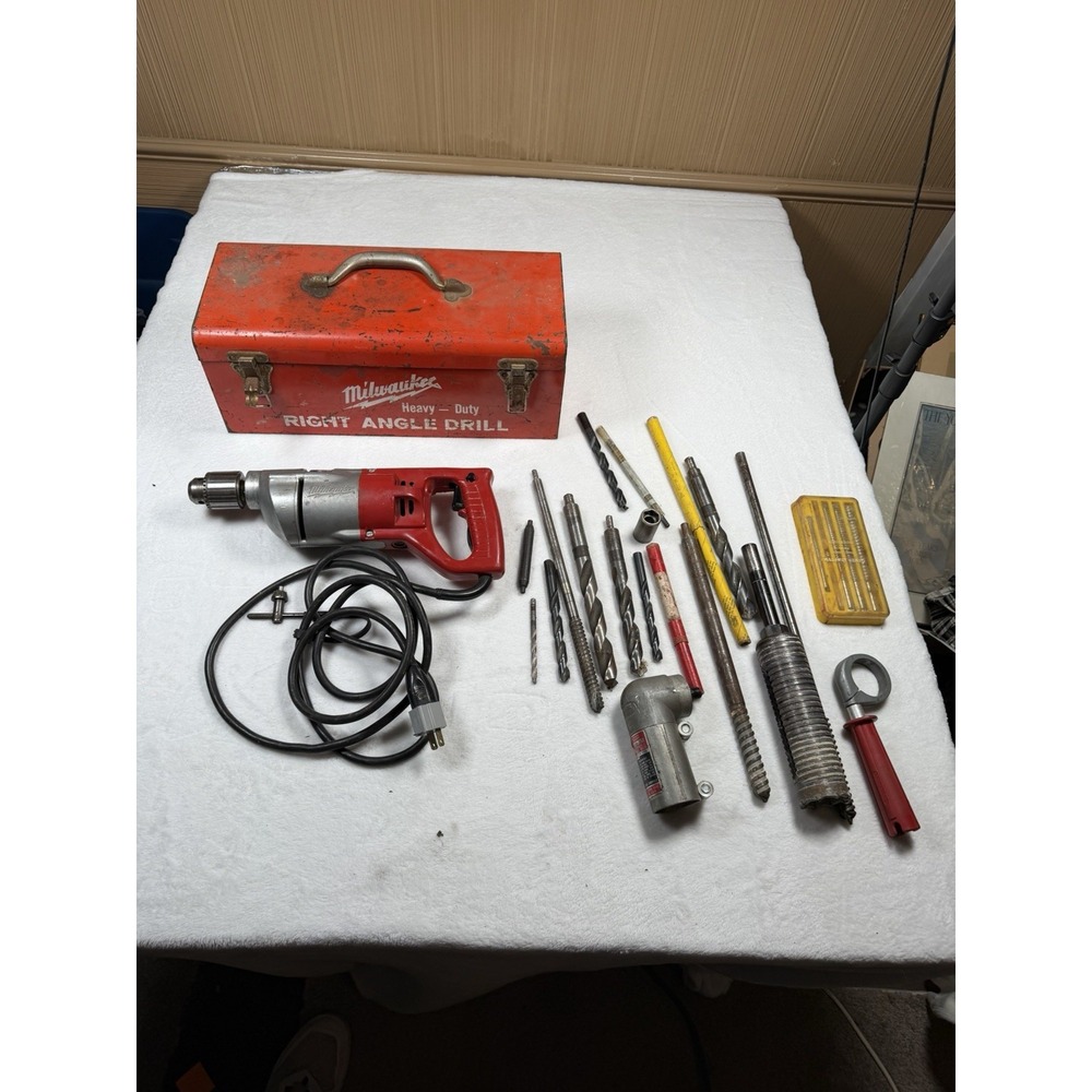 Vintage Milwaukee 1107-1 Right Angle Drill Kit Box Lot Chicago Latrobe Bits